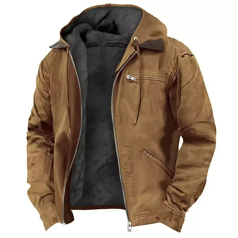 Men's thick hooded winter jacket with plush fleece lining, rugged cold-weather style