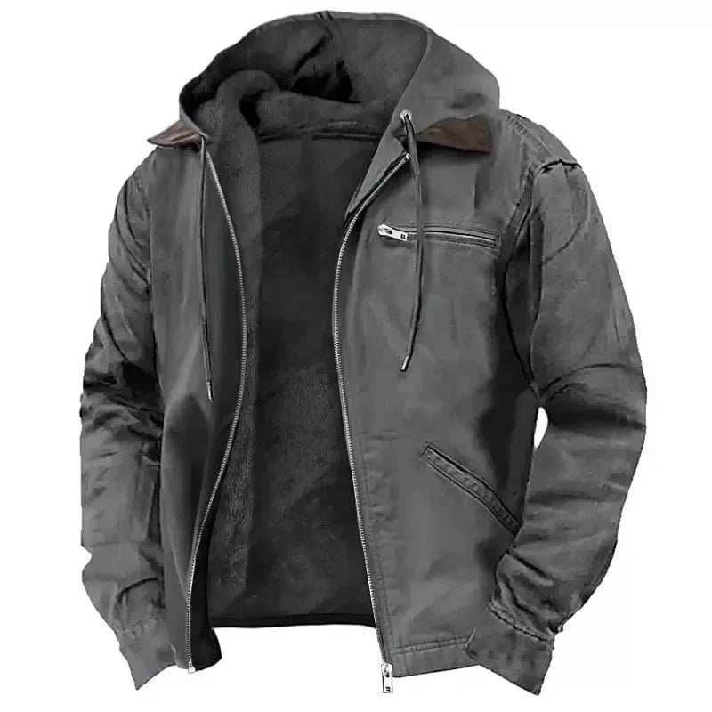 Men's thick hooded winter jacket with plush fleece lining, rugged cold-weather outerwear for men
