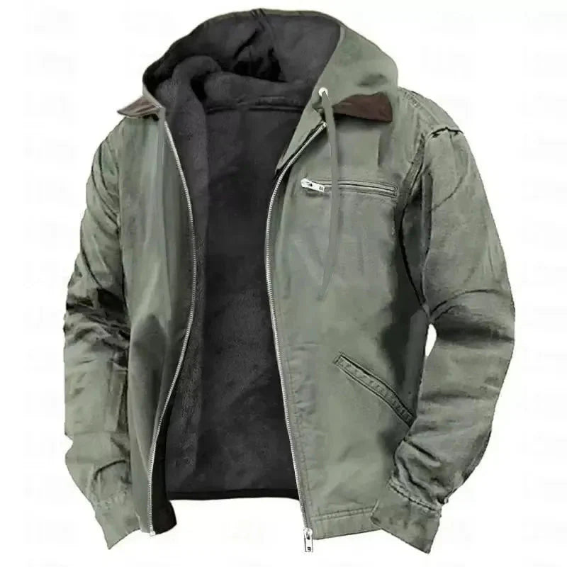Men's thick hooded winter jacket with plush fleece lining, rugged cold-weather outerwear for men