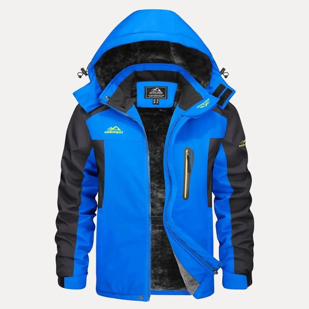 Men's waterproof insulated hooded jacket fleece-lined windproof shell for cold outdoor adventures