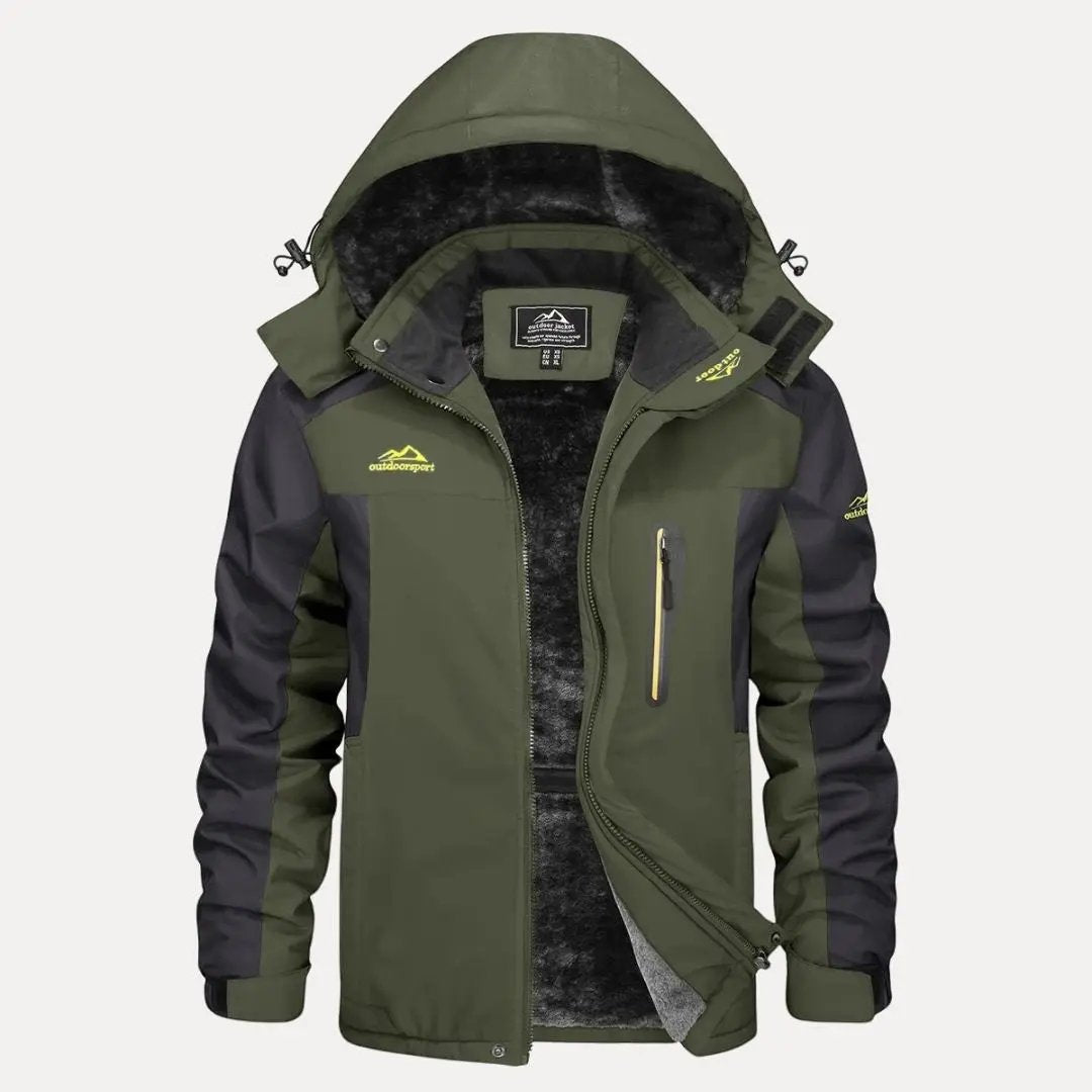Men's waterproof insulated hooded jacket fleece-lined windproof shell for cold outdoor adventures