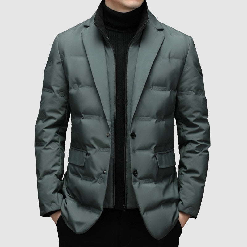 Men's black winter puffer jacket structured fit with secure zipper pockets for cold weather