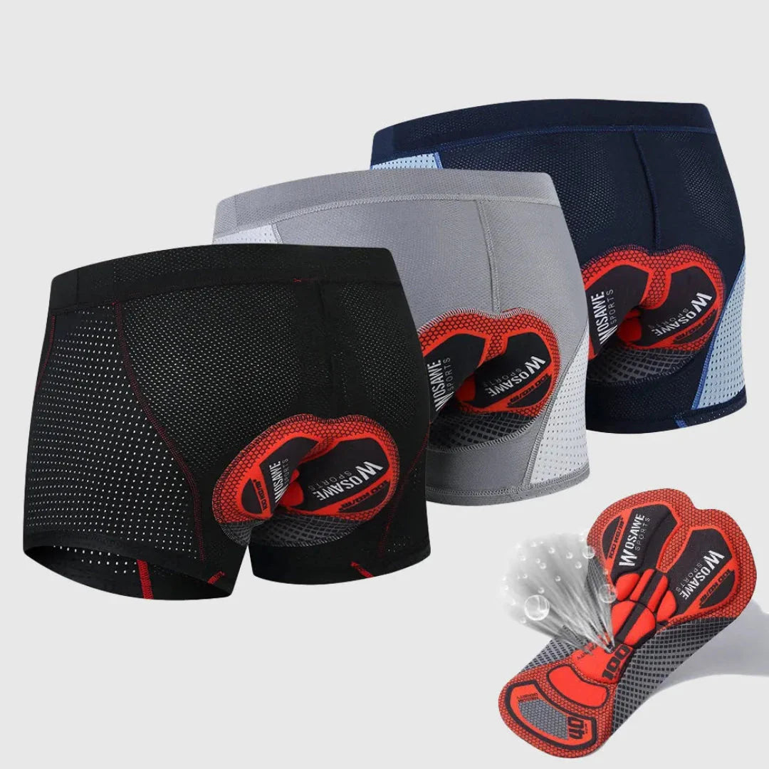 Men's black padded cycling shorts with 3D gel cushioning and breathable mesh panels for long rides