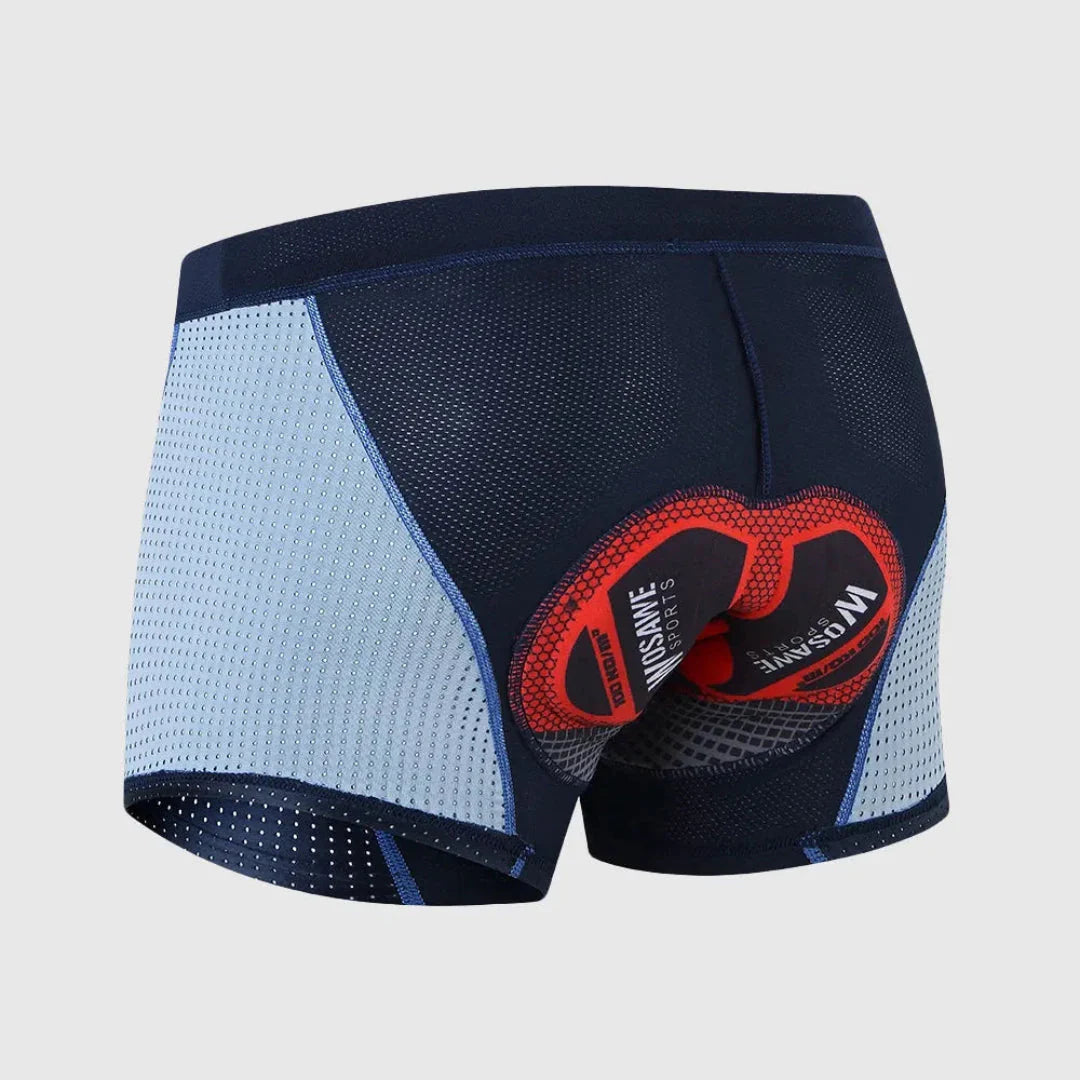 Men's black padded cycling shorts with 3D gel cushioning and breathable mesh panels for long rides