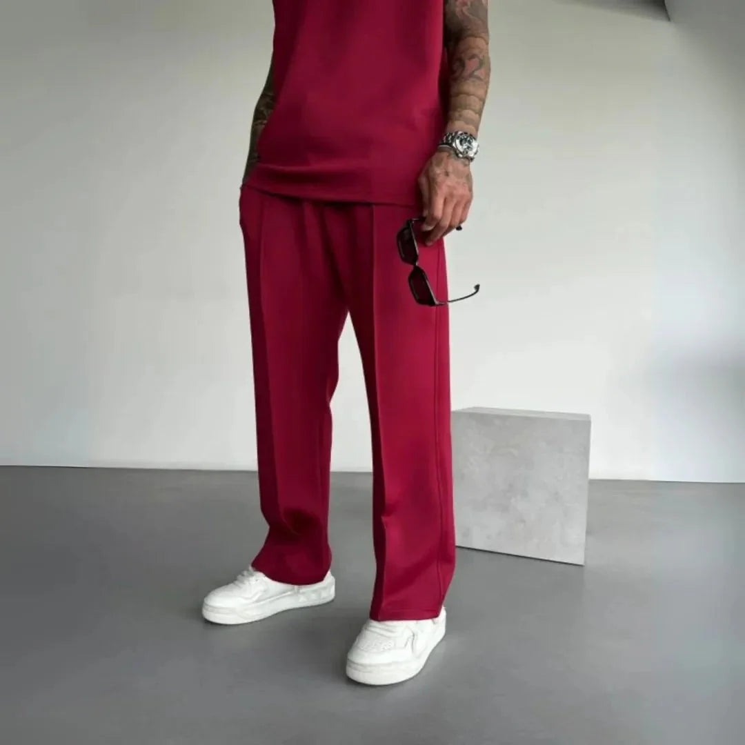Men's gray straight-leg casual pants with elastic waistband, wrinkle-resistant relaxed smart-casual fit