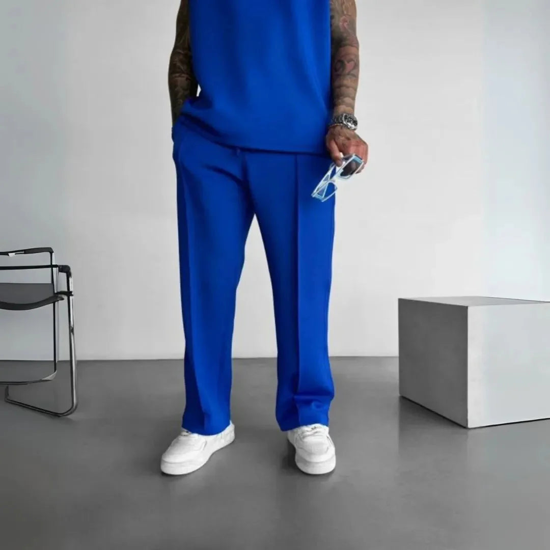 Men's gray straight-leg casual pants with elastic waistband, wrinkle-resistant modern silhouette