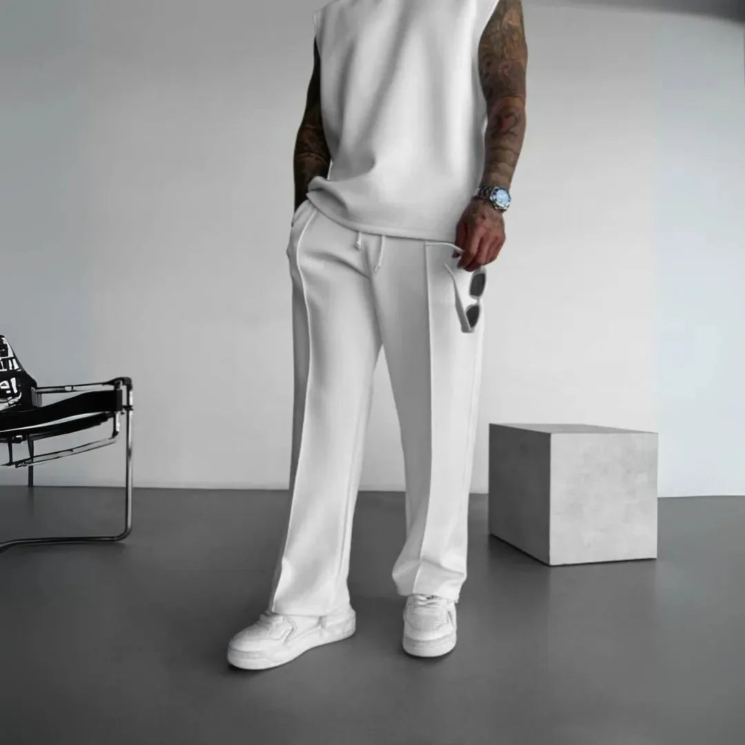 Men's gray straight-leg casual pants with elastic waistband, wrinkle-resistant modern silhouette