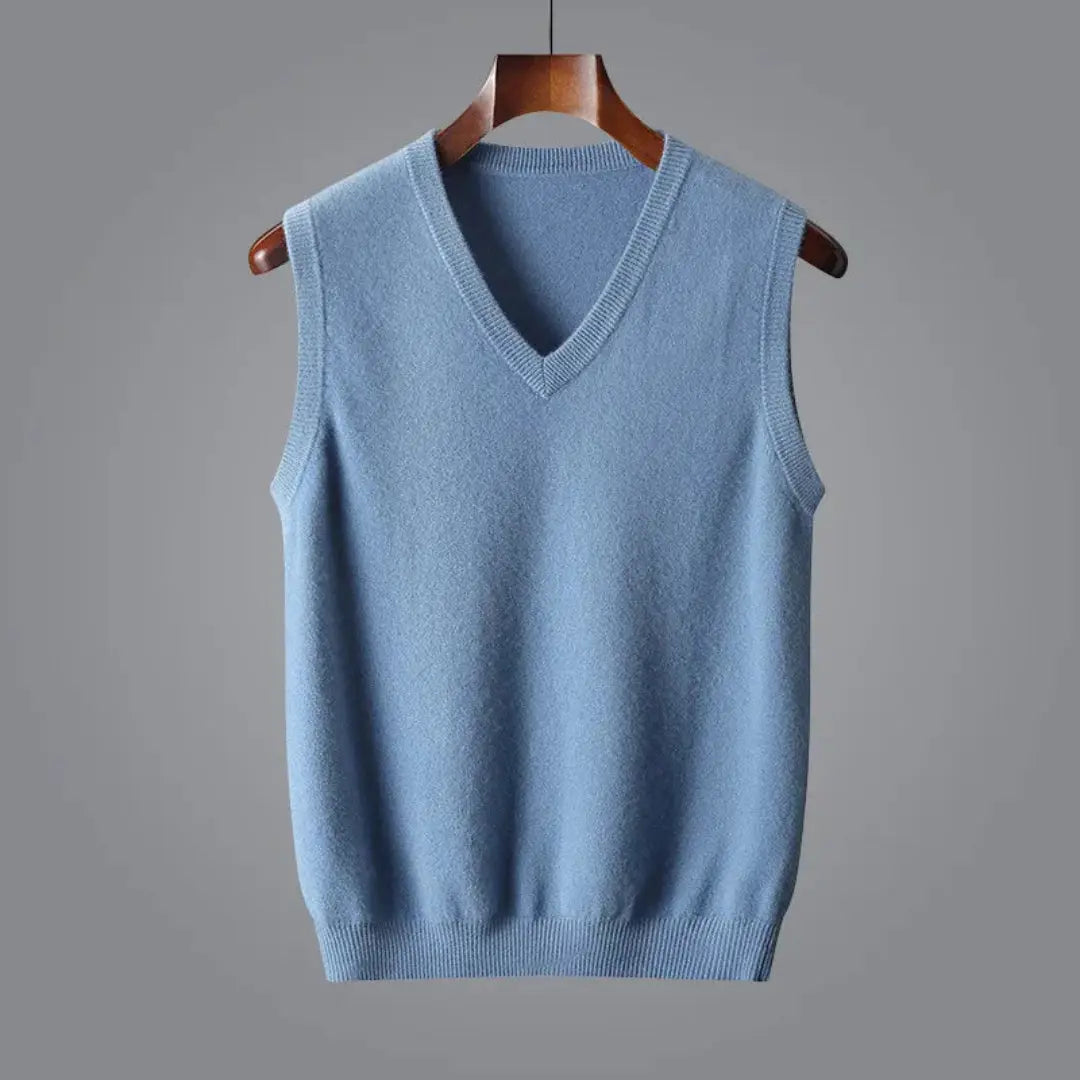 Men's cashmere wool vest in classic V-neck silhouette with ribbed trim, sleeveless layering style