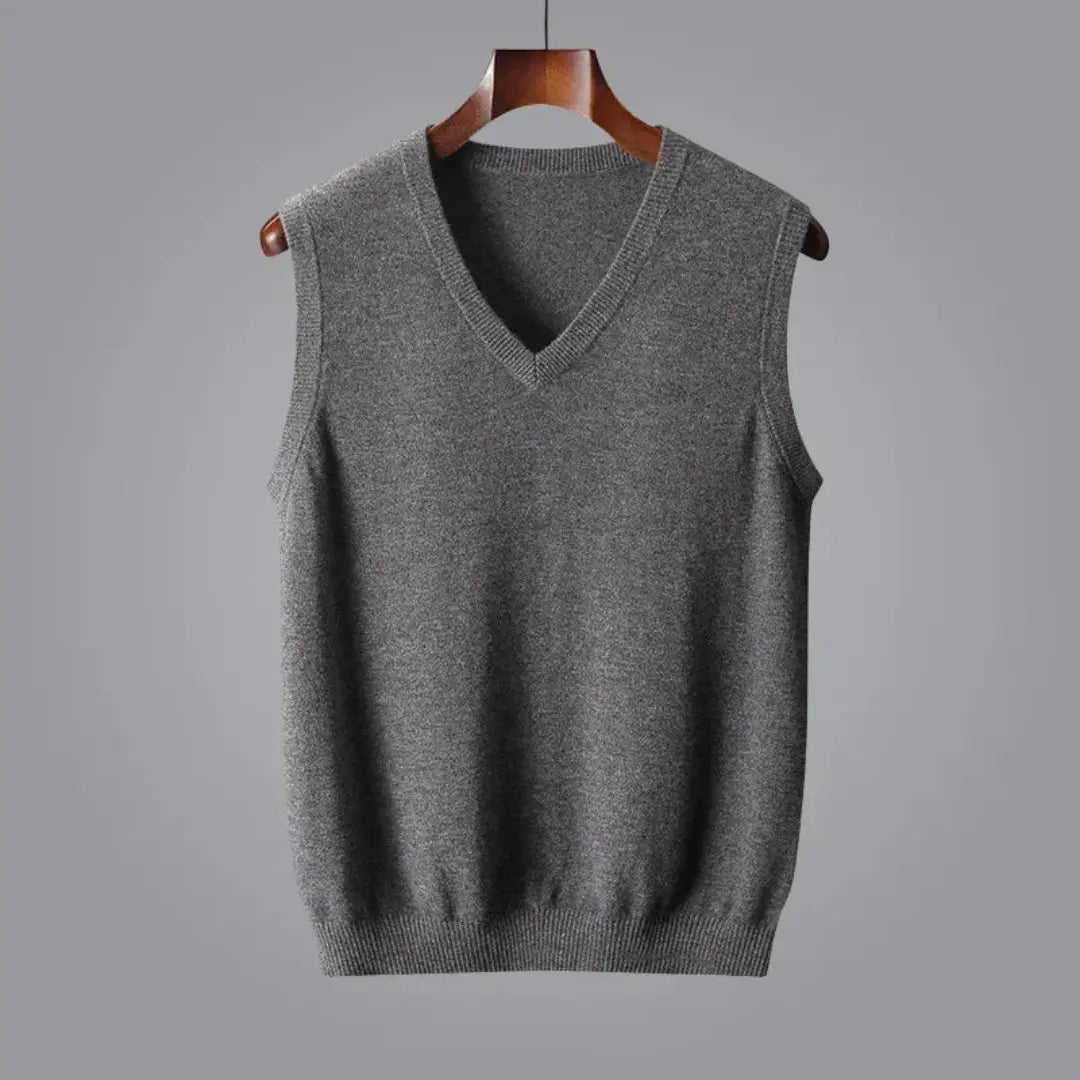 Men's heather gray cashmere wool vest with V-neck and ribbed trim, slim tailored fit