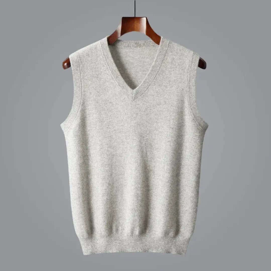 Men's charcoal cashmere wool vest, slim V-neck sleeveless pullover with ribbed trim