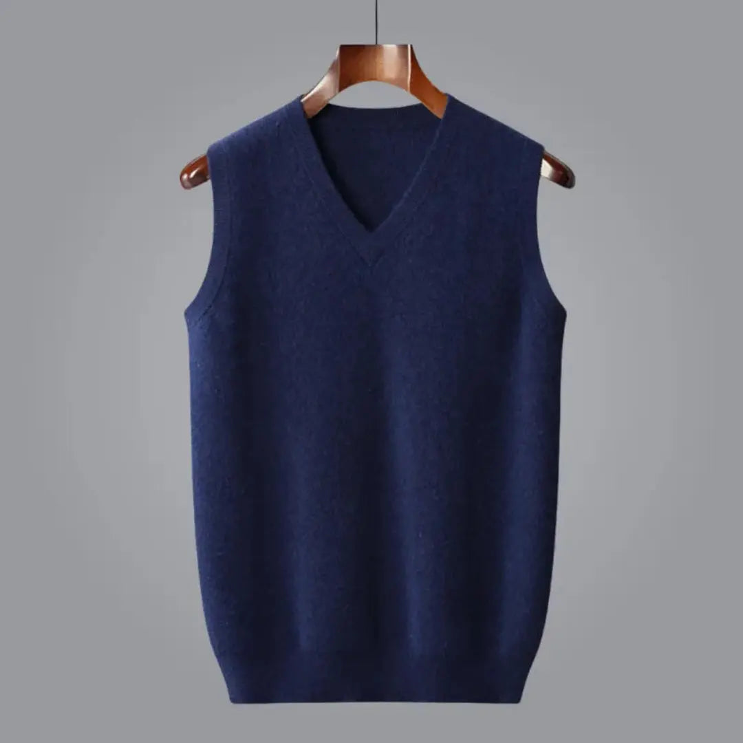 Men's charcoal cashmere wool vest slim-fit V-neck sleeveless pullover with ribbed trim