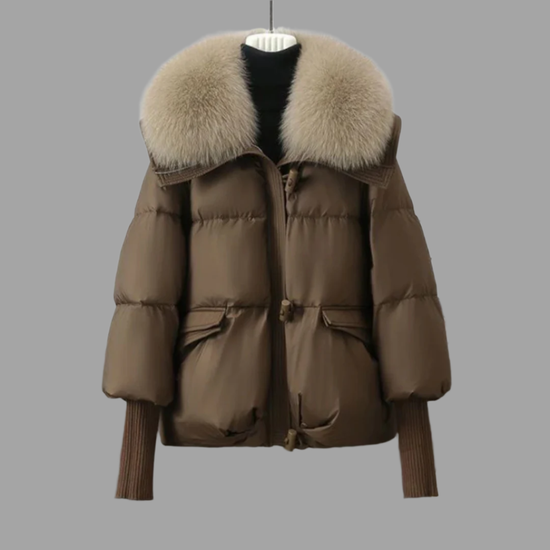 Black women's puffer down jacket with oversized faux fur collar, cinched waist, premium insulated winter coat