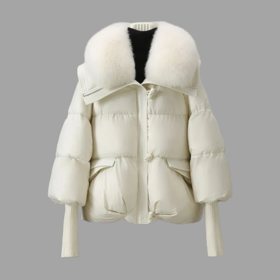 Black women's puffer down jacket with oversized faux fur collar, cinched waist, premium insulated warmth