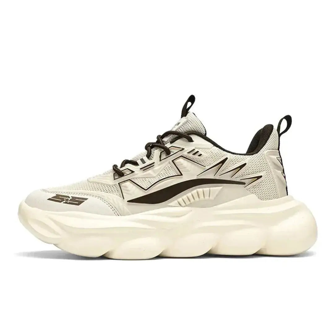 Black lightweight running sneakers with bold lightning accents and reinforced lace system for runners