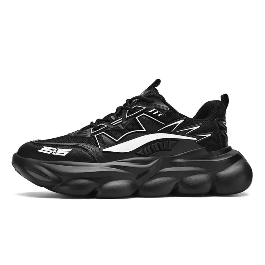 Black lightweight running sneakers with bold lightning accents and reinforced lace system for runners