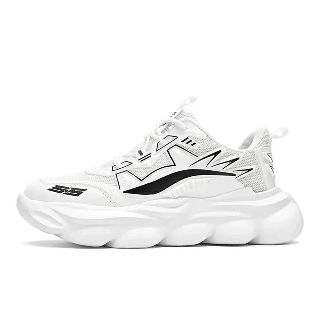 Black lightweight running sneakers with reinforced lace system and bold lightning accent details