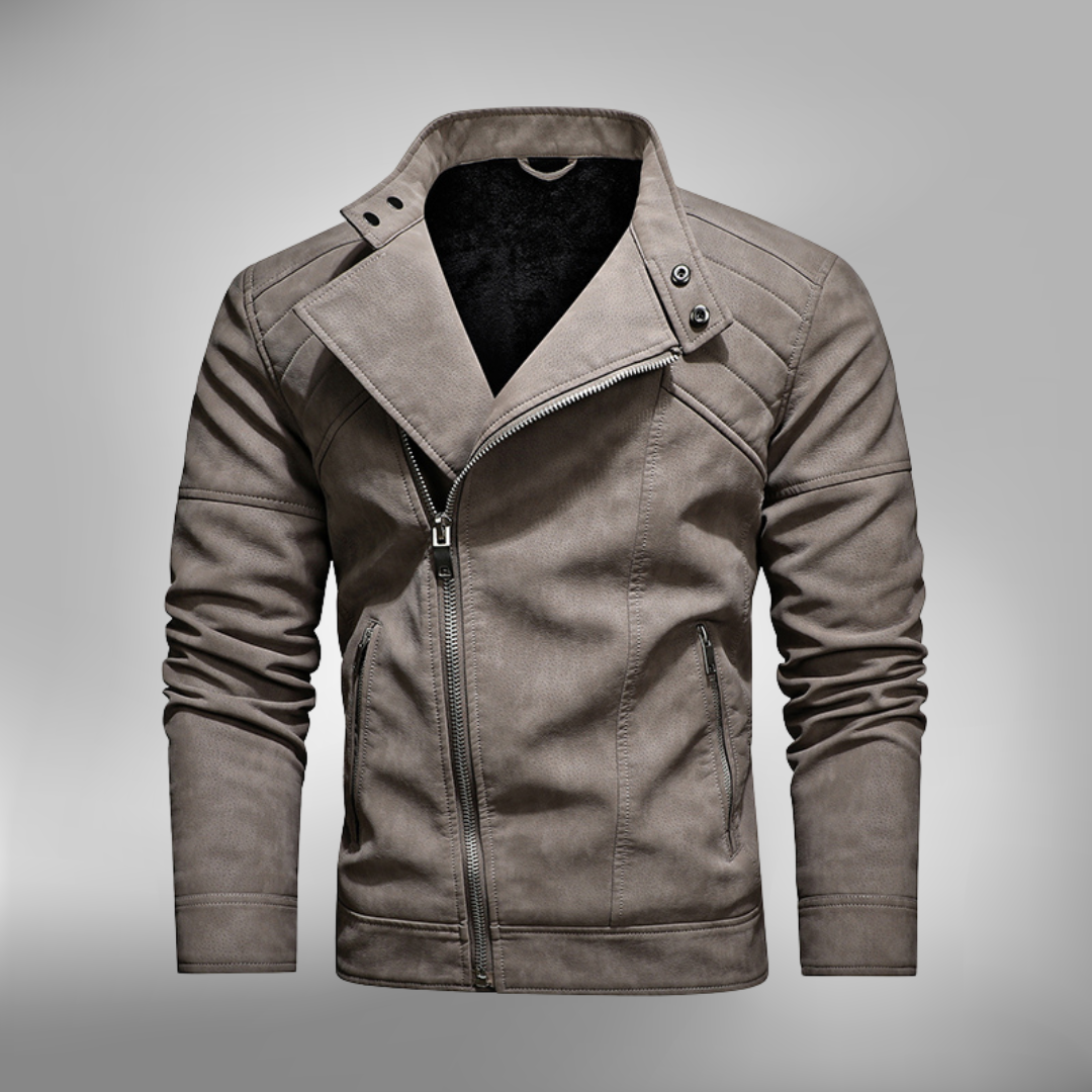 Men's black faux leather slim fit jacket with stand collar and quilted shoulder detailing