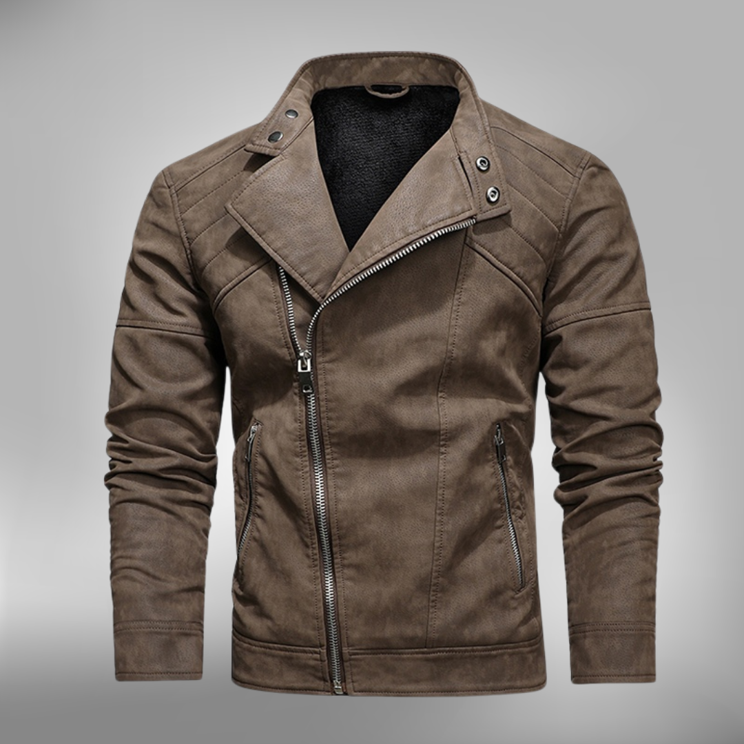 Men's black faux leather slim fit jacket with stand collar and quilted shoulder detailing