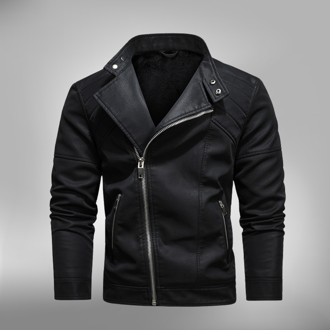 Men's black faux leather slim fit jacket with stand collar and quilted shoulder detailing