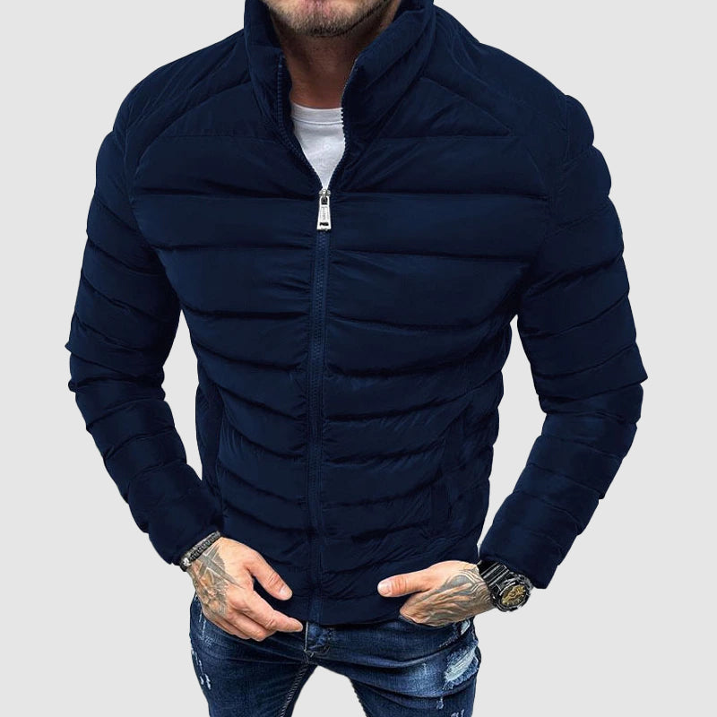 Men's slim fit navy down jacket stand-up collar full zip lightweight urban puffer coat