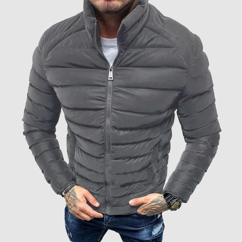 Men's slim fit navy down jacket stand-up collar full-zip lightweight urban puffer coat