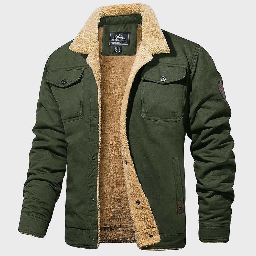 Men's relaxed fit bomber jacket fleece-lined with button front closure for casual winter wear