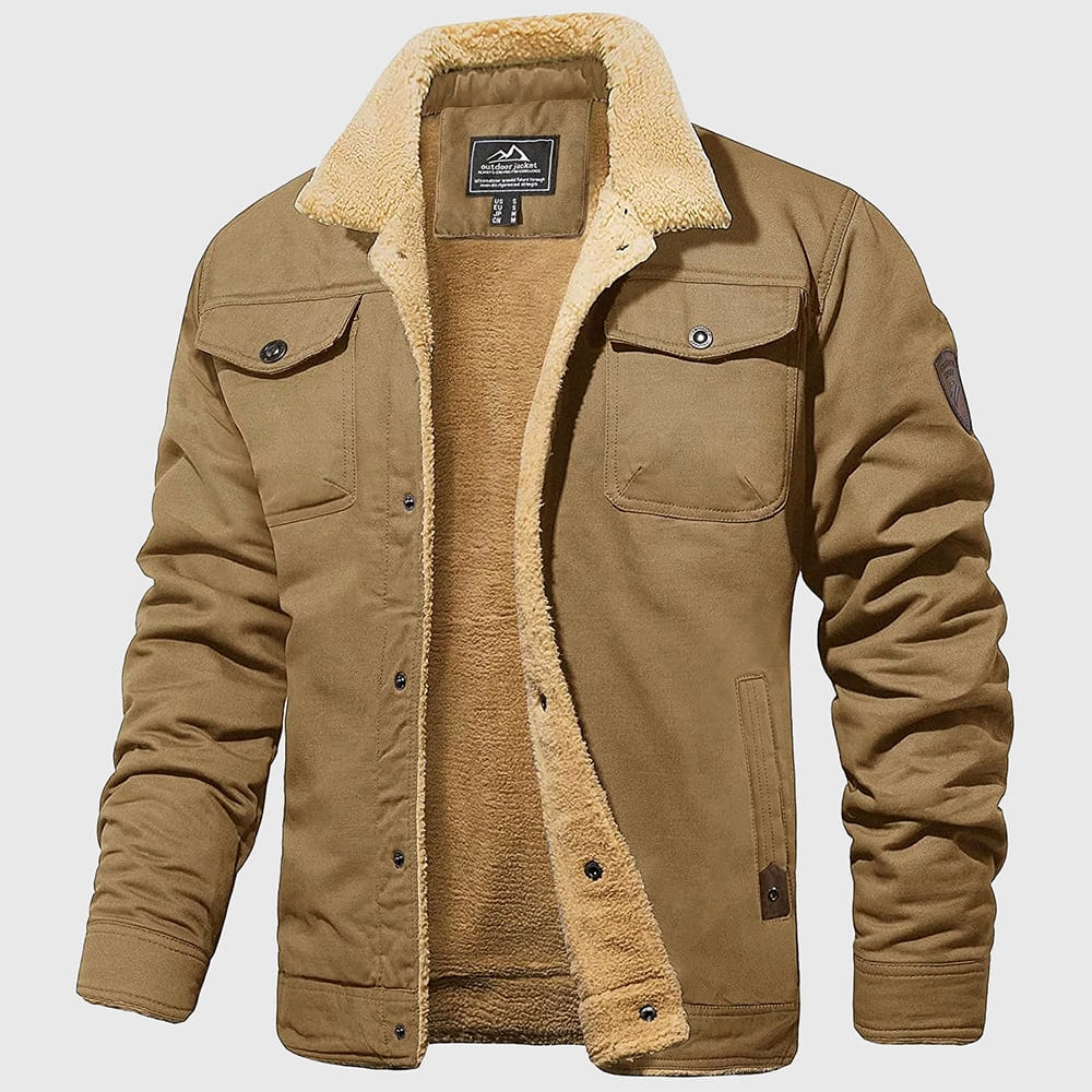 Men's relaxed fit bomber jacket fleece-lined button-front casual outerwear in neutral tone