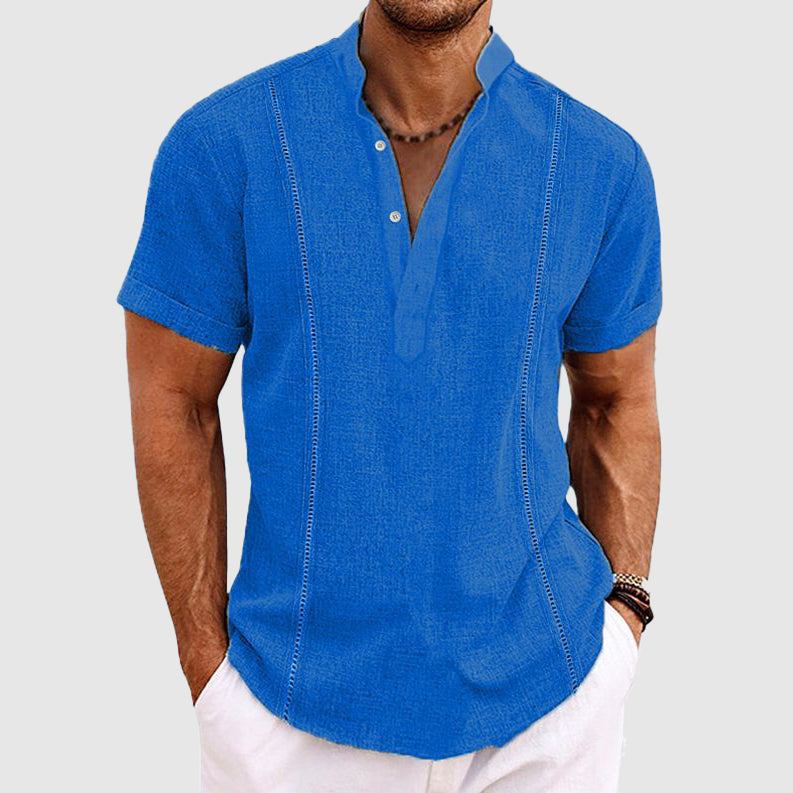 Men's relaxed fit short sleeve linen shirt with button closure, breathable casual style