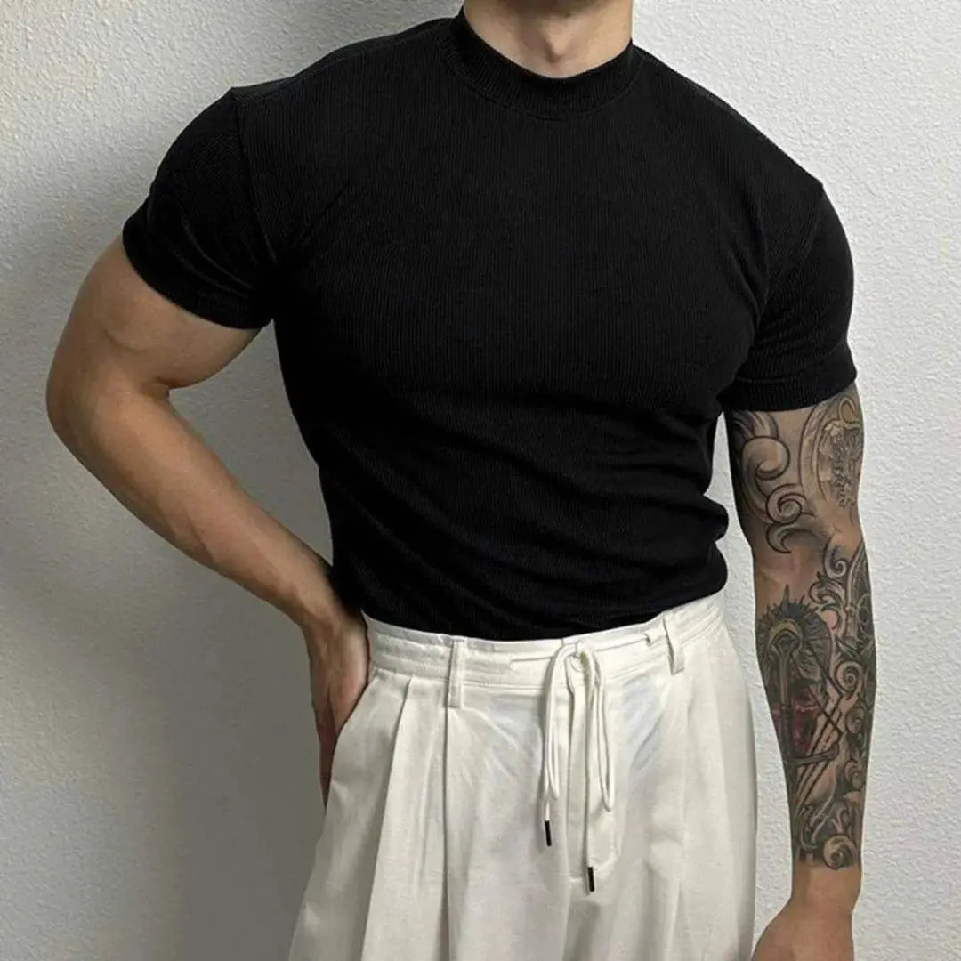 Men's black ribbed mock neck slim fit T-shirt in soft cotton spandex stretch blend