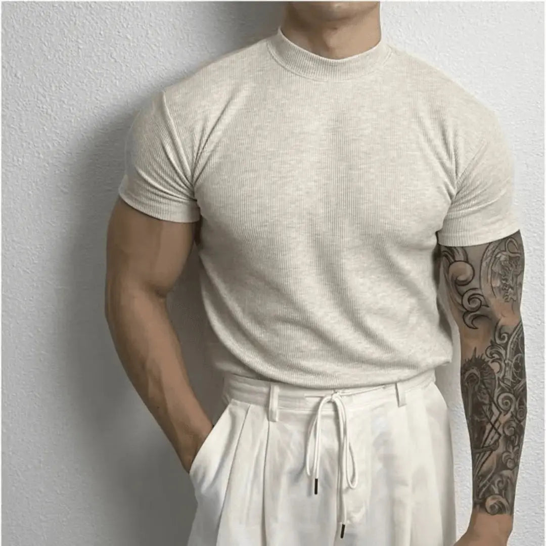 Men's ribbed mock neck T-shirt slim fit stretch cotton spandex blend close-cut silhouette
