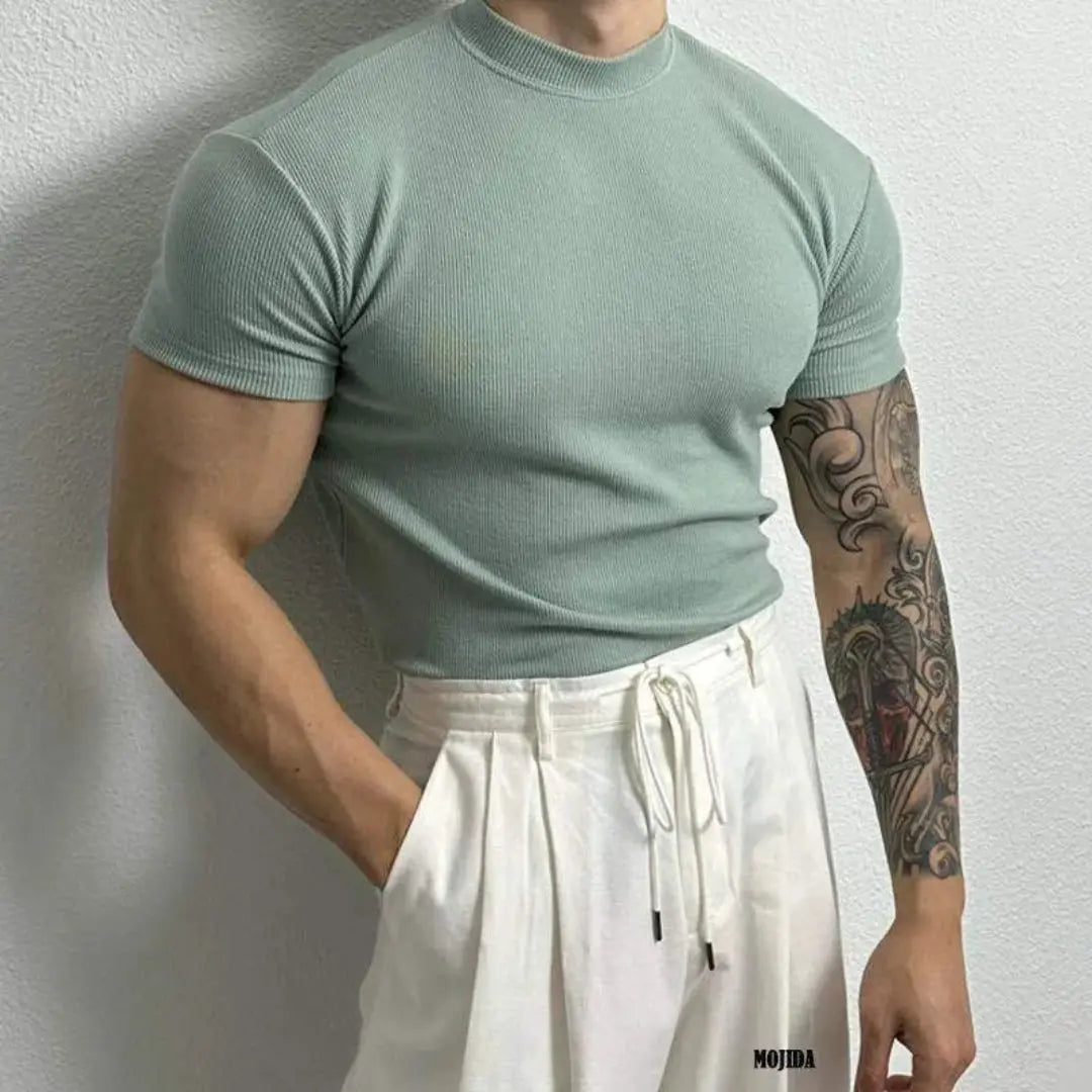 Men's black ribbed mock neck t-shirt slim muscle fit soft cotton spandex stretch close-cut silhouette