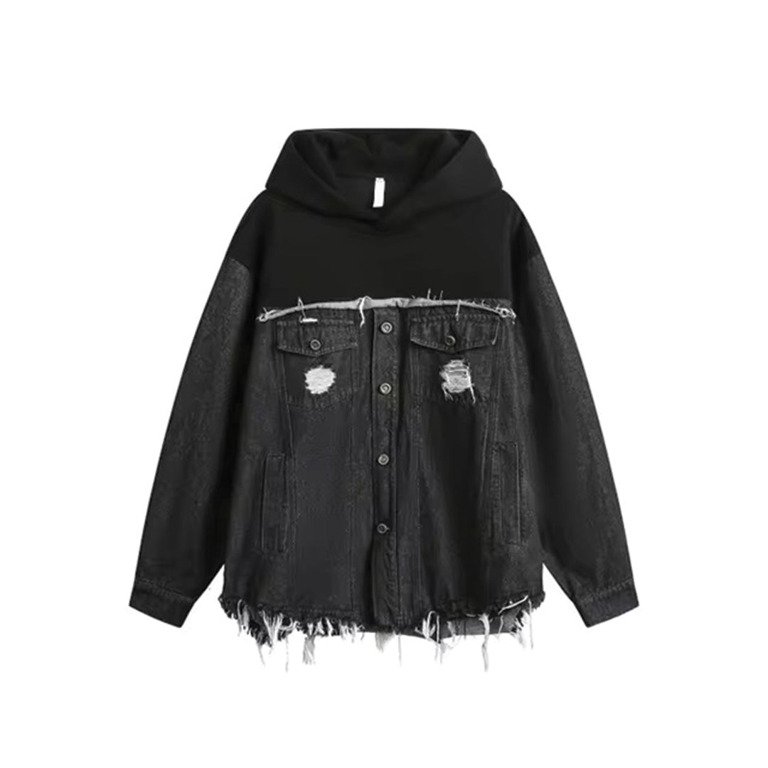 Distressed denim button hoodie relaxed fit breathable cotton-poly blend streetwear pullover