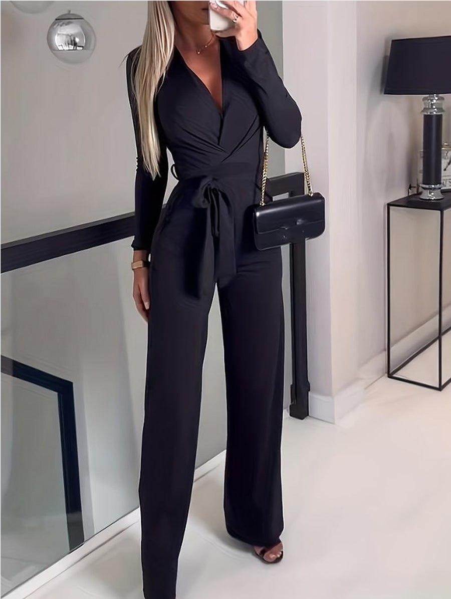 Vivienne | Women's Wide Leg Jumpsuit V-Neck Tie Waist