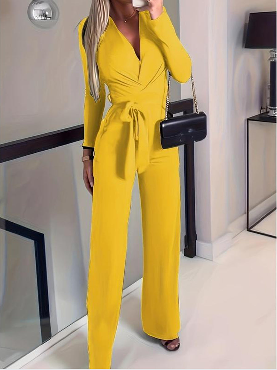 Vivienne | Women's Wide Leg Jumpsuit V-Neck Tie Waist