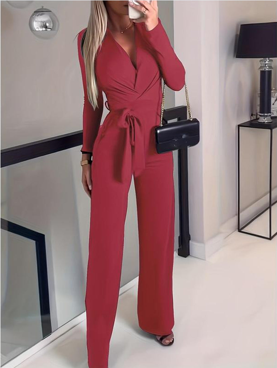 Vivienne | Women's Wide Leg Jumpsuit V-Neck Tie Waist