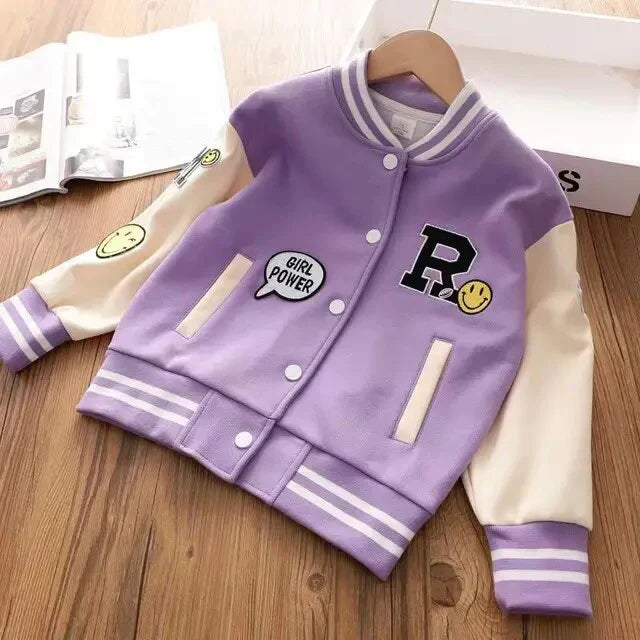 Girls navy varsity jacket with classic silhouette and contrast sleeves for trendy schoolwear