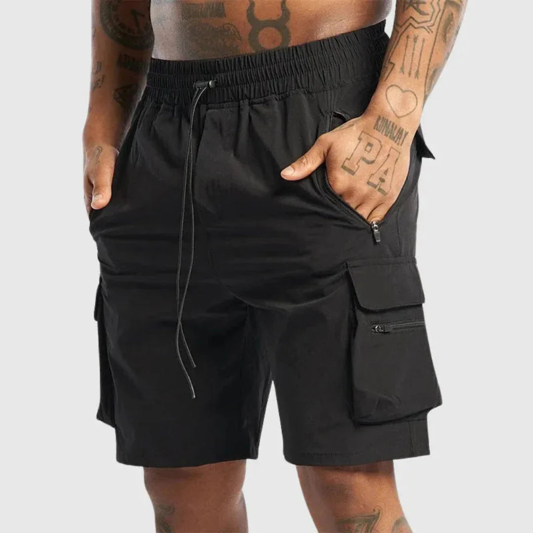 Men's khaki quick-dry nylon cargo shorts relaxed fit with oversized utility pockets