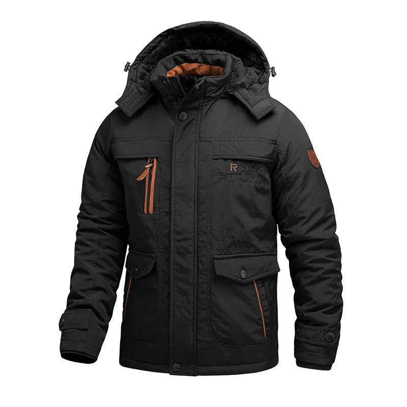 Men's dark tactical winter jacket waterproof insulated coat with removable hood for outdoor use