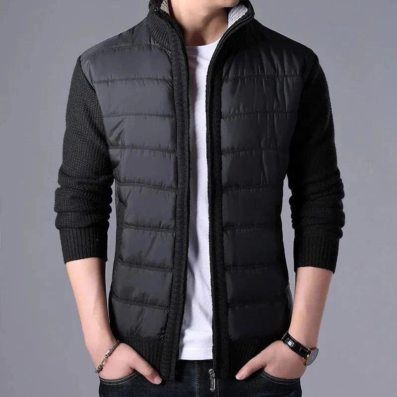 Men's slim fit patchwork puffer cardigan with quilted front panel and knit sleeves in casual style