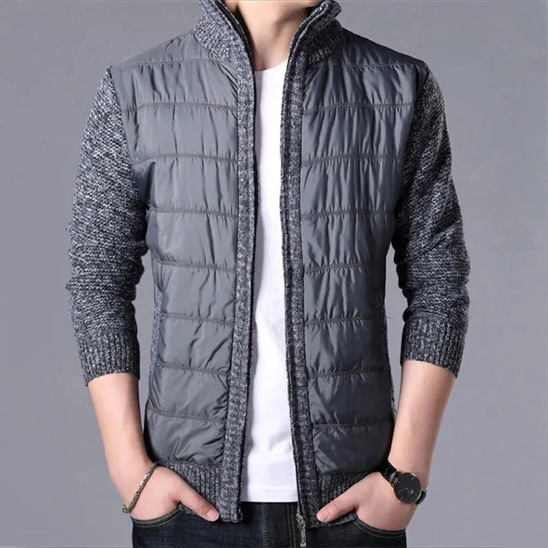 Men's slim fit patchwork puffer cardigan in neutral tone with quilted front panel and knit sleeves