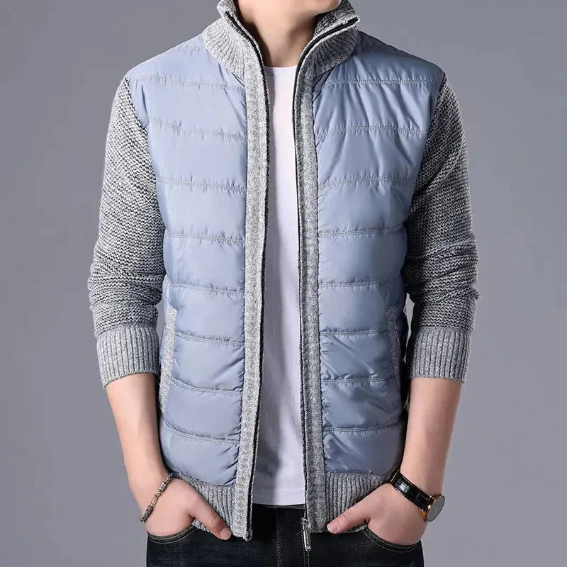Men's slim fit patchwork puffer cardigan in neutral tones with quilted front panel and knit sleeves