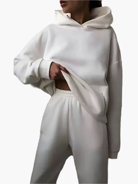 Women's heather gray hoodie and jogger set, cozy two-piece winter loungewear with relaxed fit