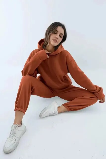 Women's cozy gray hoodie and sweatpants matching lounge set with plush fabric for winter wear