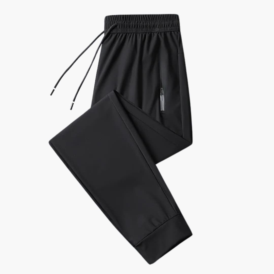 Men's gray athletic jogger pants with elastic drawstring waist and secure zipper pockets