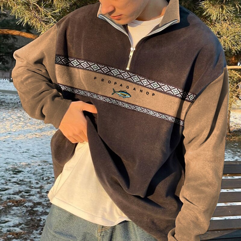 Men's quarter-zip pullover sweater two-tone contrast sleeves modern casual outdoor layering essential