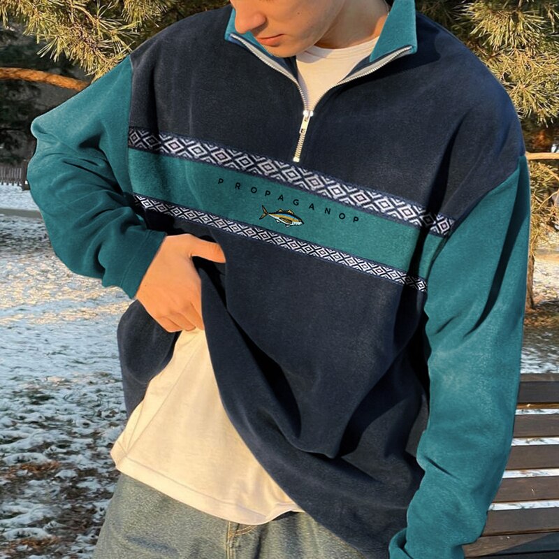 Men's quarter-zip pullover sweater two-tone contrast sleeves casual outdoor layering essential