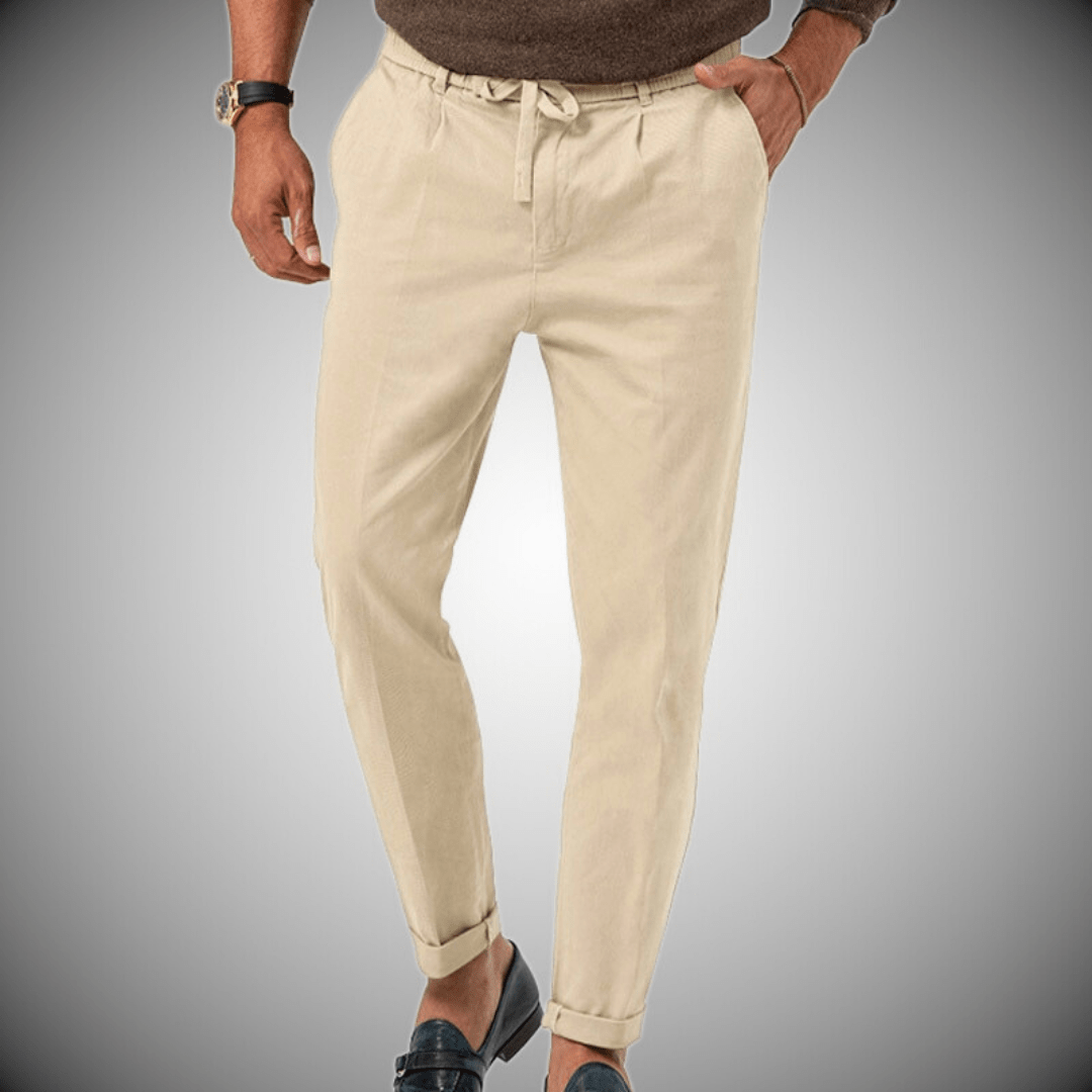 Men's beige linen-cotton blend pants, relaxed straight cut with natural moisture-wicking fabric