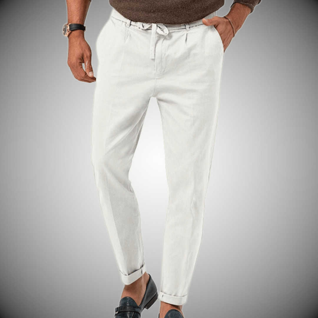 Men's beige linen-cotton blend pants, lightweight straight-cut style with natural moisture-wicking comfort
