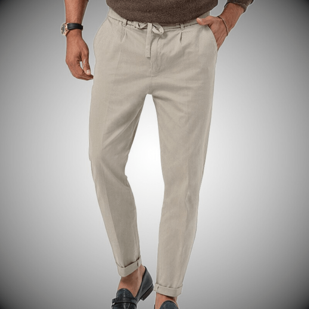 Men's beige linen-cotton blend pants, lightweight straight-cut with natural moisture-wicking fabric