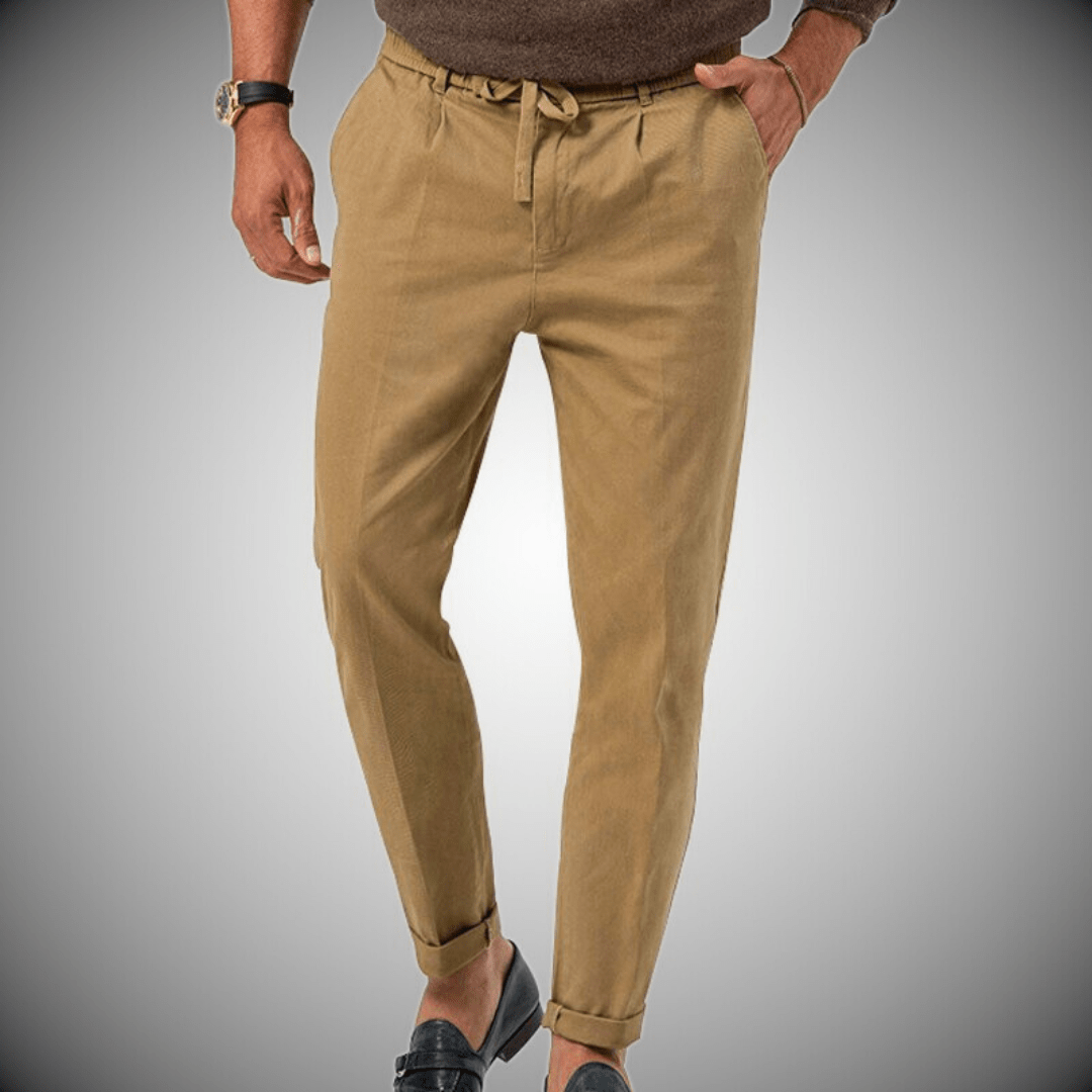 Men's beige linen-cotton blend pants, relaxed straight cut, breathable moisture-wicking fabric
